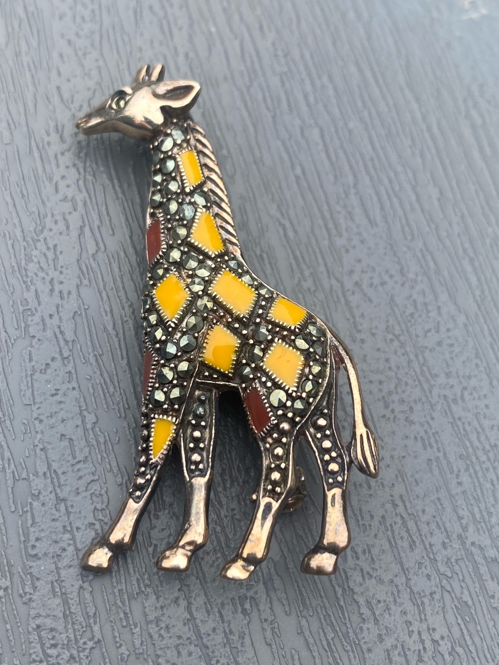 Sterling 925 Silver Red and Yellow Enamel w/Marcasite Giraffe Brooch Pin